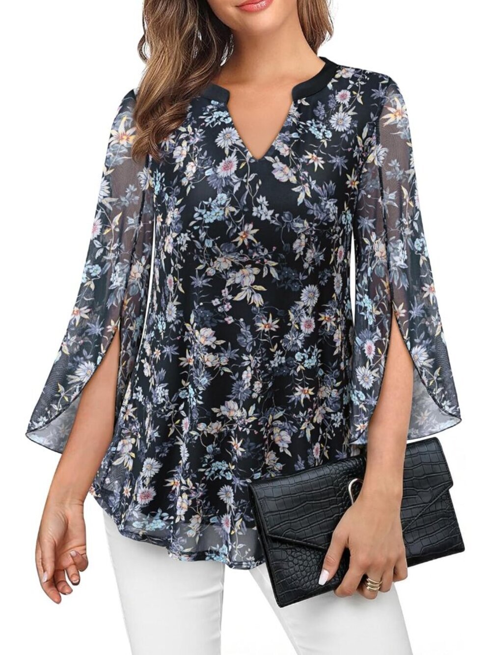 VALOLIA Women's Tops Black 3/4 Sleeve Floral V Neck Double Layers Mesh Blouses